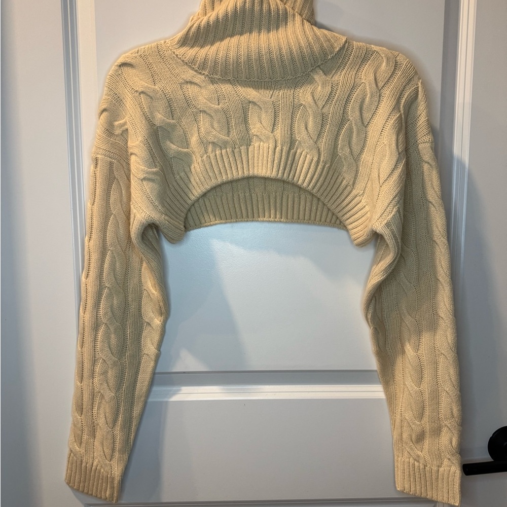 Cable Knit Cream Cropped Turtleneck Sweater
